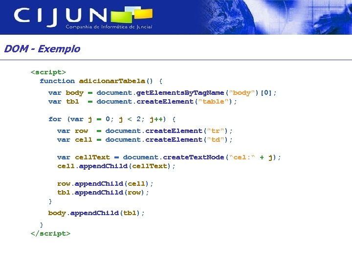 DOM - Exemplo <script> function adicionar. Tabela() { var body = document. get. Elements.