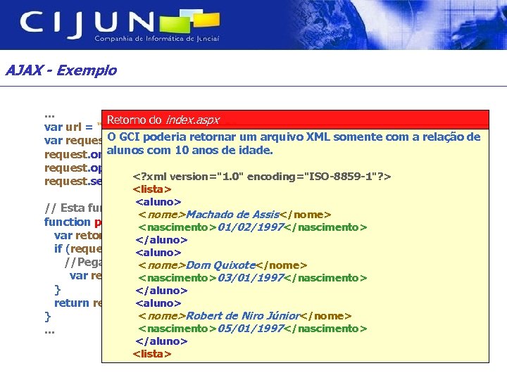 AJAX - Exemplo. . . Retorno do index. aspx var url = “alunos. aspx?