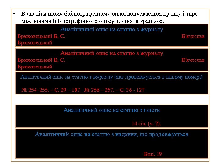  • В аналітичному бібліографічному описі допускається крапку і тире між зонами бібліографічного опису