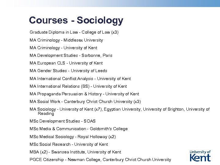 Courses - Sociology Graduate Diploma in Law - College of Law (x 3) MA