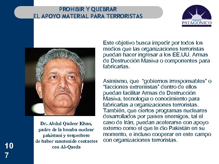 PROHIBIR Y QUEBRAR EL APOYO MATERIAL PARA TERRORISTAS 10 7 Dr. Abdul Qadeer Khan,