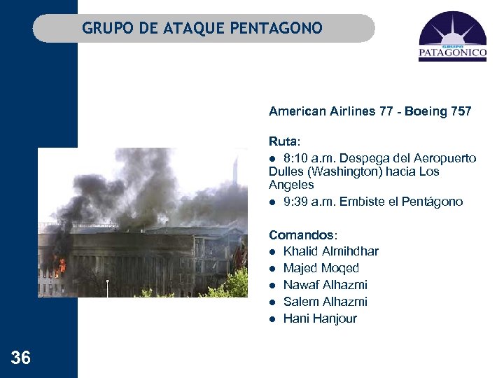 GRUPO DE ATAQUE PENTAGONO American Airlines 77 - Boeing 757 Ruta: l 8: 10