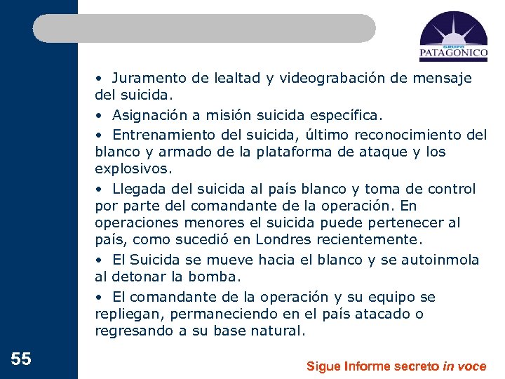  • Juramento de lealtad y videograbación de mensaje del suicida. • Asignación a