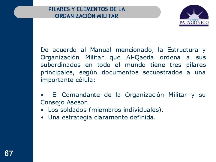 PILARES Y ELEMENTOS DE LA ORGANIZACIÓN MILITAR De acuerdo al Manual mencionado, la Estructura