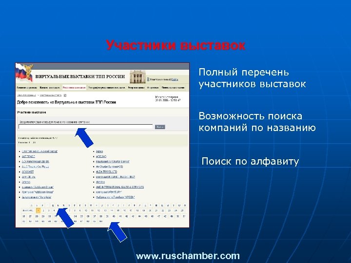 Участники выставок Полный перечень участников выставок Возможность поиска компаний по названию Поиск по алфавиту