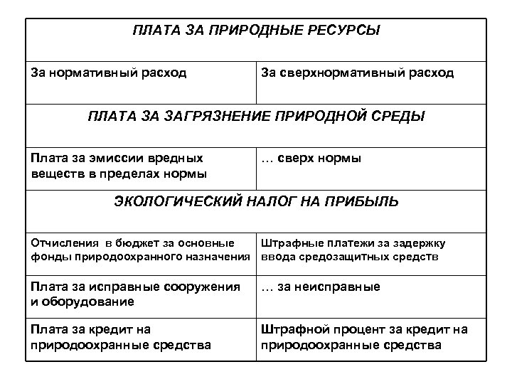 ПЛАТА ЗА ПРИРОДНЫЕ РЕСУРСЫ За нормативный расход За сверхнормативный расход ПЛАТА ЗА ЗАГРЯЗНЕНИЕ ПРИРОДНОЙ