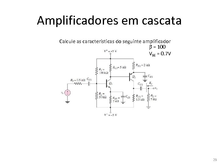 Amplificadores em cascata Calcule as características do seguinte amplificador b = 100 VBE =