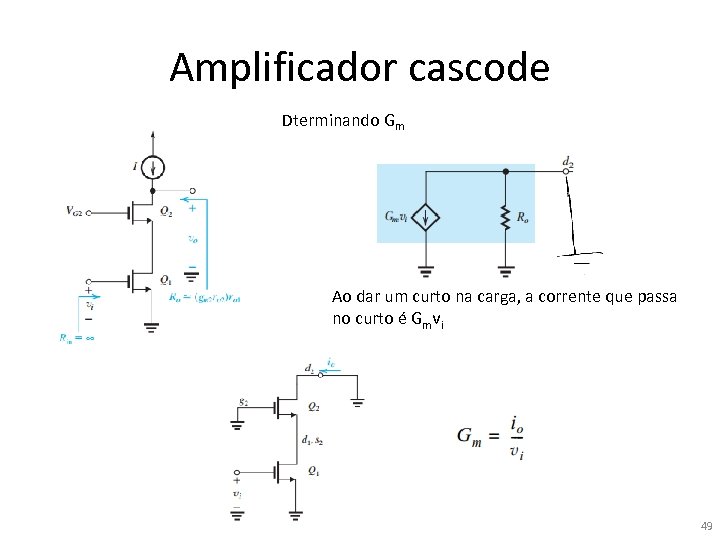 Amplificador cascode Dterminando Gm Ao dar um curto na carga, a corrente que passa