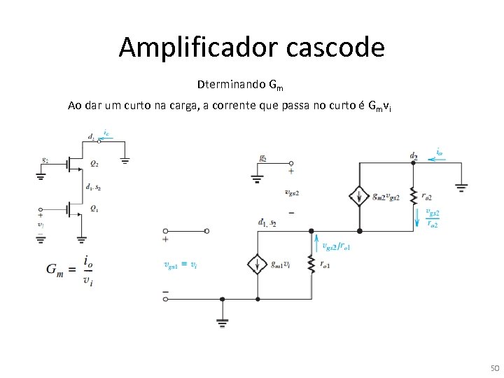 Amplificador cascode Dterminando Gm Ao dar um curto na carga, a corrente que passa