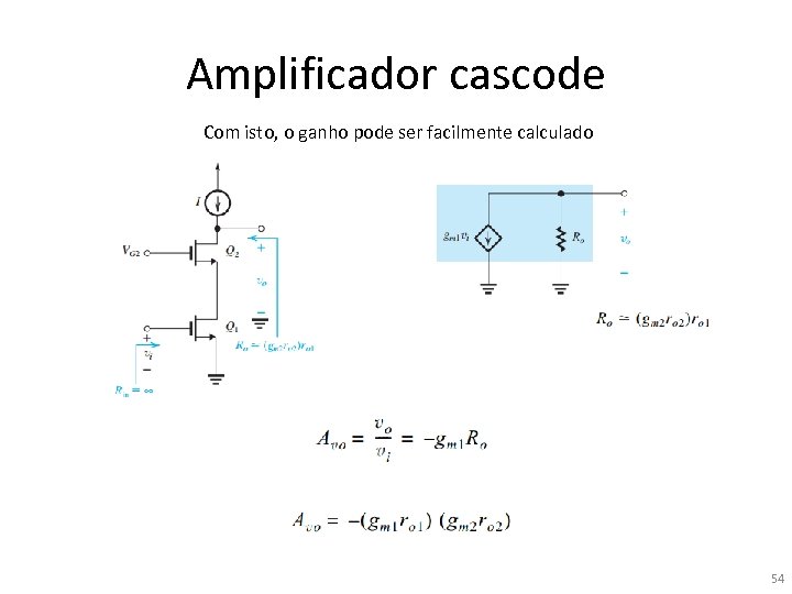 Amplificador cascode Com isto, o ganho pode ser facilmente calculado 54 