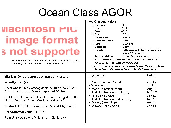 Ocean Class AGOR Key Characteristics: • • • Note: Government in-house Notional Design developed