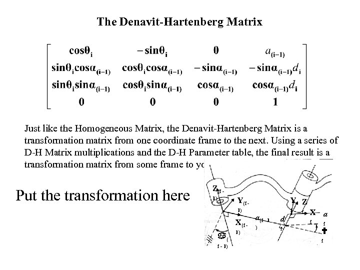 The Denavit-Hartenberg Matrix Just like the Homogeneous Matrix, the Denavit-Hartenberg Matrix is a transformation