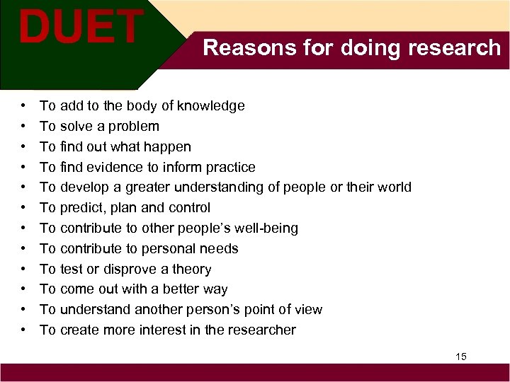 Reasons for doing research • • • To add to the body of knowledge