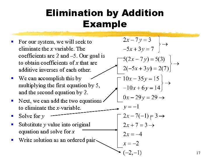 Elimination by Addition Example § For our system, we will seek to eliminate the