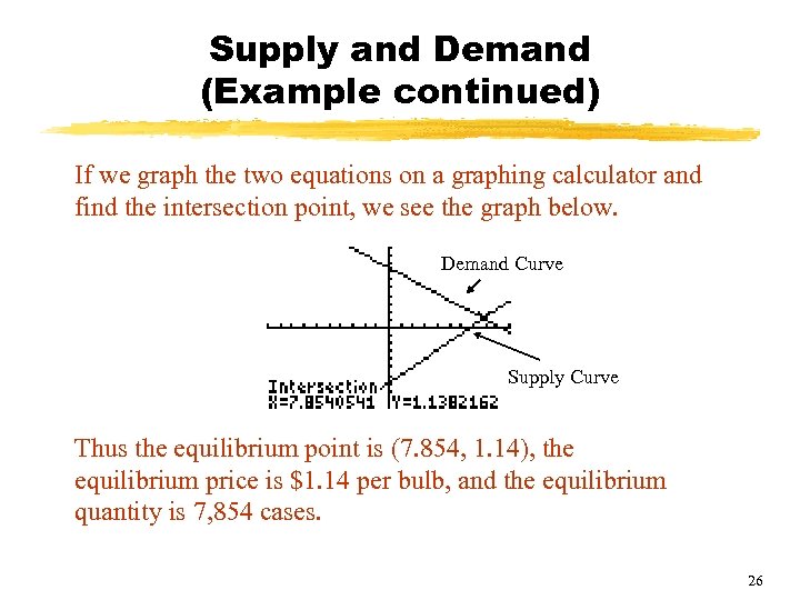 Supply and Demand (Example continued) If we graph the two equations on a graphing