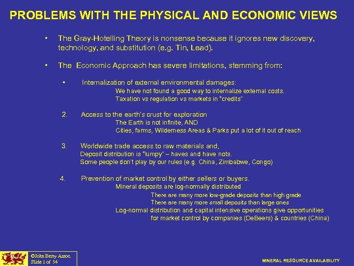 PROBLEMS WITH THE PHYSICAL AND ECONOMIC VIEWS • The Gray-Hotelling Theory is nonsense because