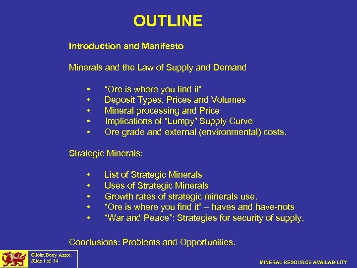  OUTLINE Introduction and Manifesto Minerals and the Law of Supply and Demand •