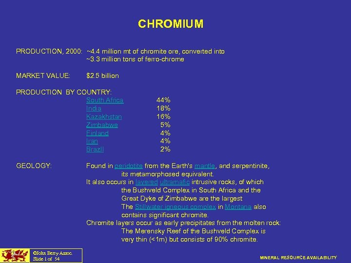 CHROMIUM PRODUCTION, 2000: ~4. 4 million mt of chromite ore, converted into ~3. 3