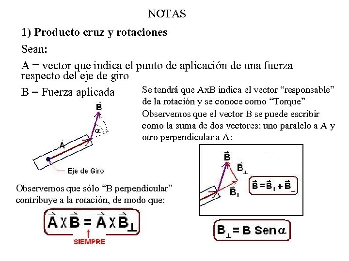 NOTAS 1) Producto cruz y rotaciones Sean: A = vector que indica el punto