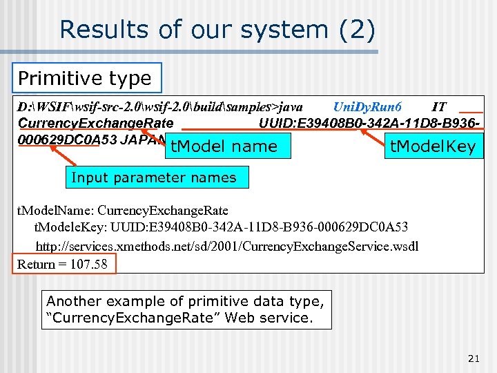 Results of our system (2) Primitive type D: WSIFwsif-src-2. 0wsif-2. 0buildsamples>java Uni. Dy. Run