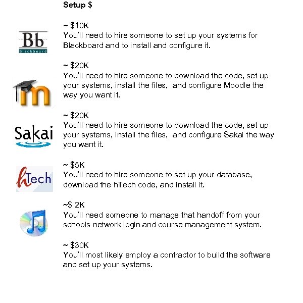 Setup $ ~ $10 K You’ll need to hire someone to set up your