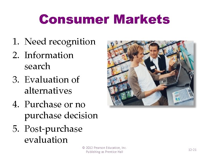 Consumer Markets 1. Need recognition 2. Information search 3. Evaluation of alternatives 4. Purchase