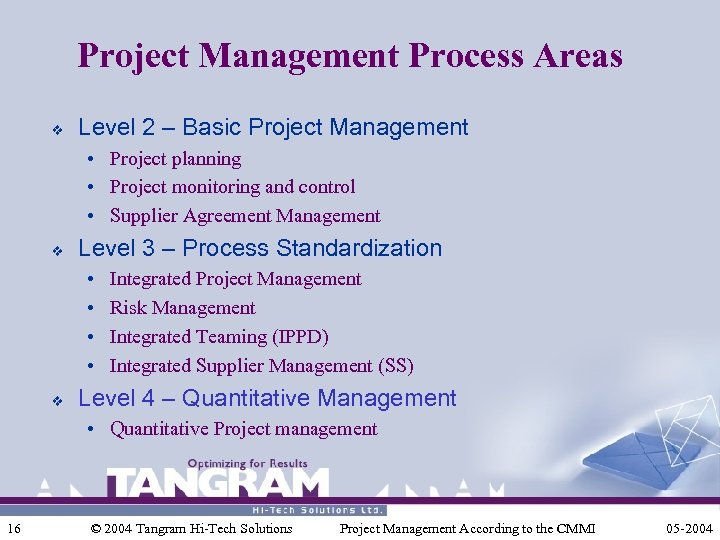 Project Management Process Areas v Level 2 – Basic Project Management • Project planning