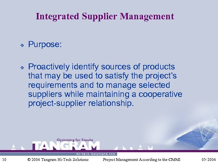 Integrated Supplier Management v v 30 Purpose: Proactively identify sources of products that may