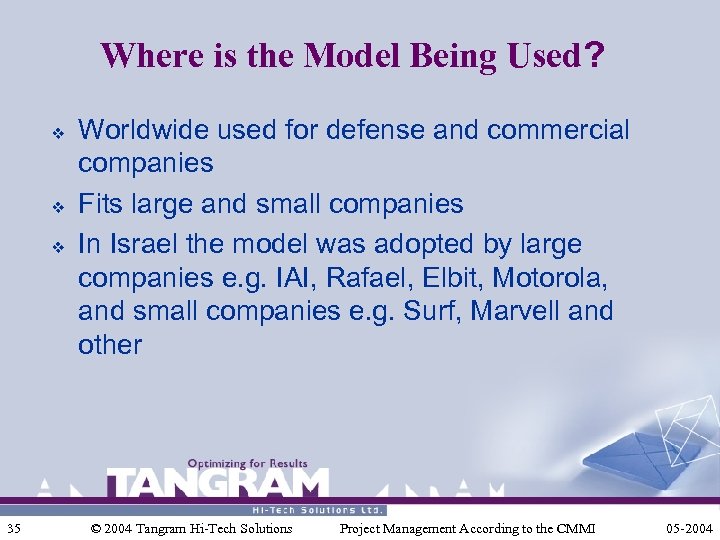 Where is the Model Being Used? v v v 35 Worldwide used for defense