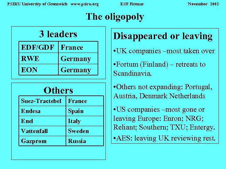PSIRU University of Greenwich www. psiru. org ESF Firenze November 2002 The oligopoly 3
