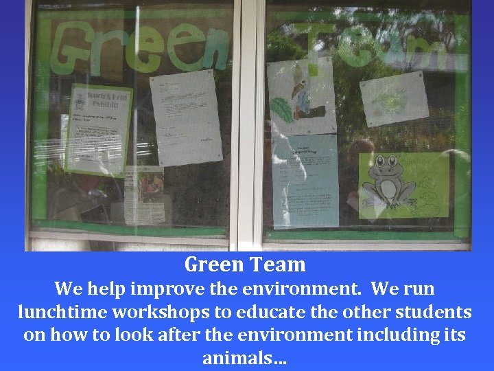 Green Team We help improve the environment. We run lunchtime workshops to educate the