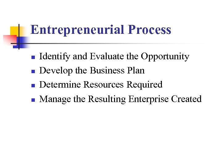 Entrepreneurial Process n n Identify and Evaluate the Opportunity Develop the Business Plan Determine