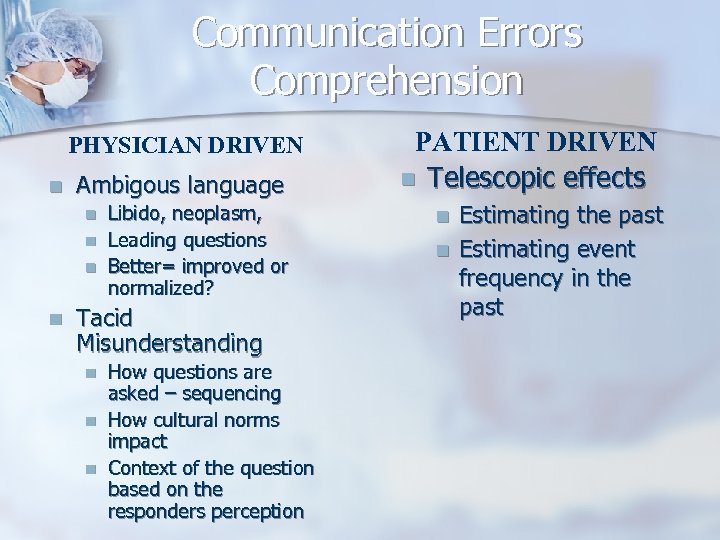 Communication Errors Comprehension PHYSICIAN DRIVEN n Ambigous language n n Libido, neoplasm, Leading questions