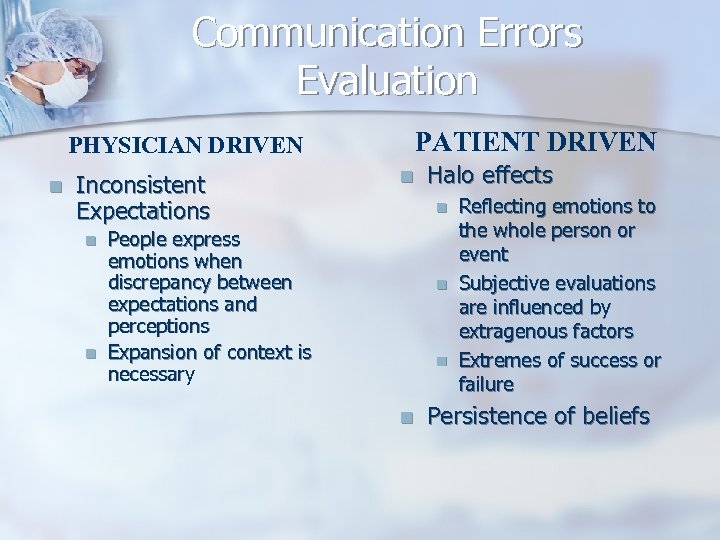 Communication Errors Evaluation PATIENT DRIVEN PHYSICIAN DRIVEN n Inconsistent Expectations n n n Halo
