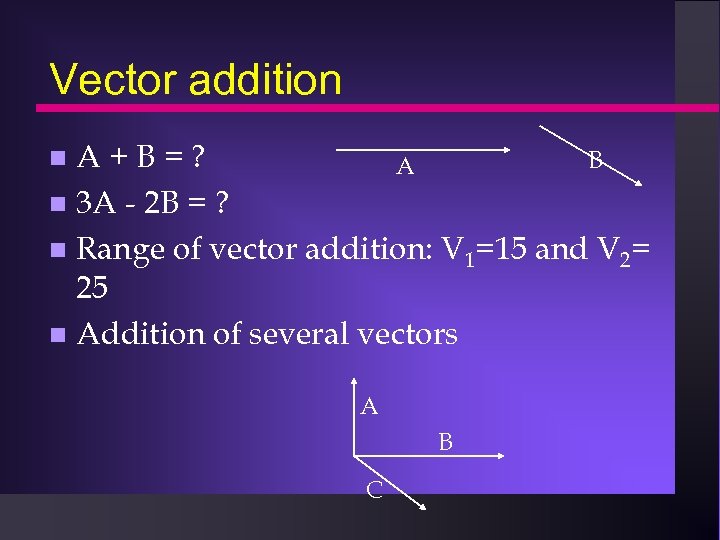 Vector addition A+B=? B A 3 A - 2 B = ? Range of