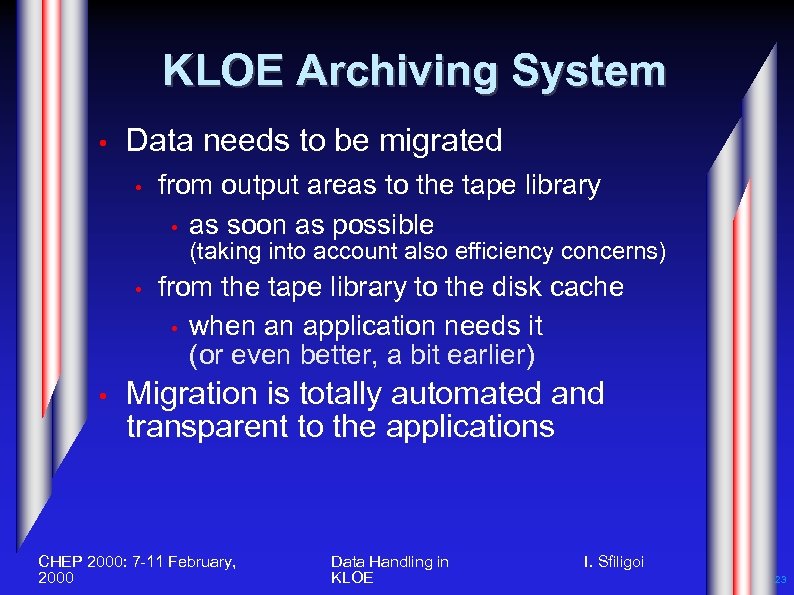 KLOE Archiving System • Data needs to be migrated • from output areas to
