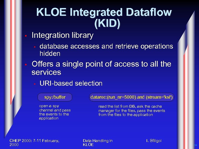 KLOE Integrated Dataflow (KID) • Integration library • • database accesses and retrieve operations