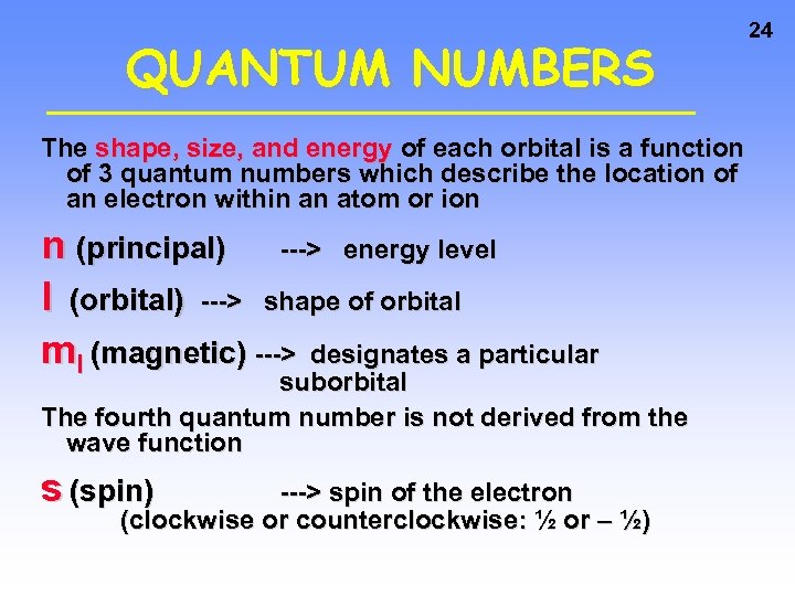 QUANTUM NUMBERS The shape, size, and energy of each orbital is a function of