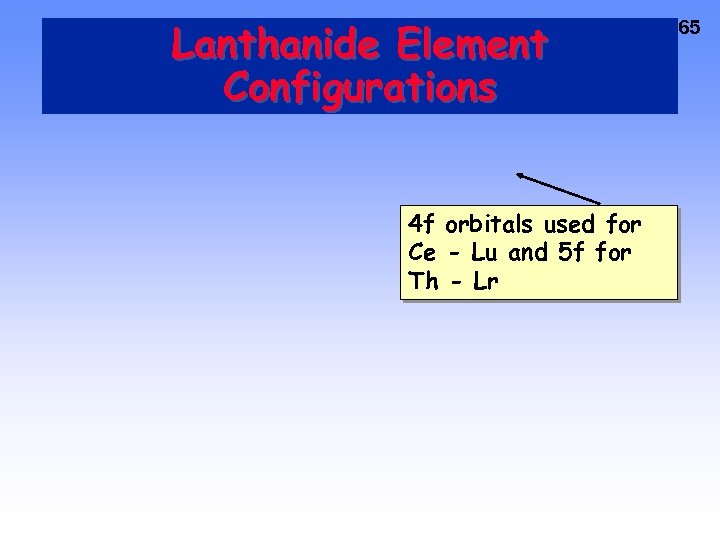 Lanthanide Element Configurations 4 f orbitals used for Ce - Lu and 5 f