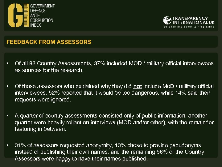 FEEDBACK FROM ASSESSORS • Of all 82 Country Assessments, 37% included MOD / military