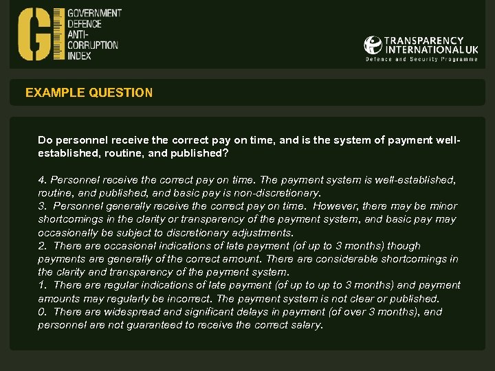 EXAMPLE QUESTION Do personnel receive the correct pay on time, and is the system