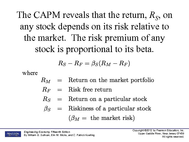 The CAPM reveals that the return, RS, on any stock depends on its risk