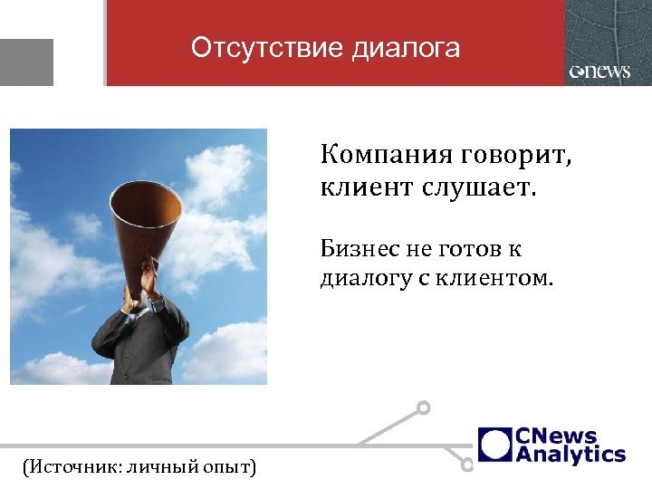 Отсутствие диалога Компания говорит, клиент слушает. Бизнес не готов к диалогу с клиентом. (Источник: