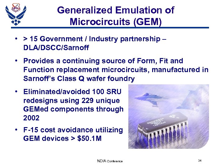 Generalized Emulation of Microcircuits (GEM) • > 15 Government / Industry partnership – DLA/DSCC/Sarnoff