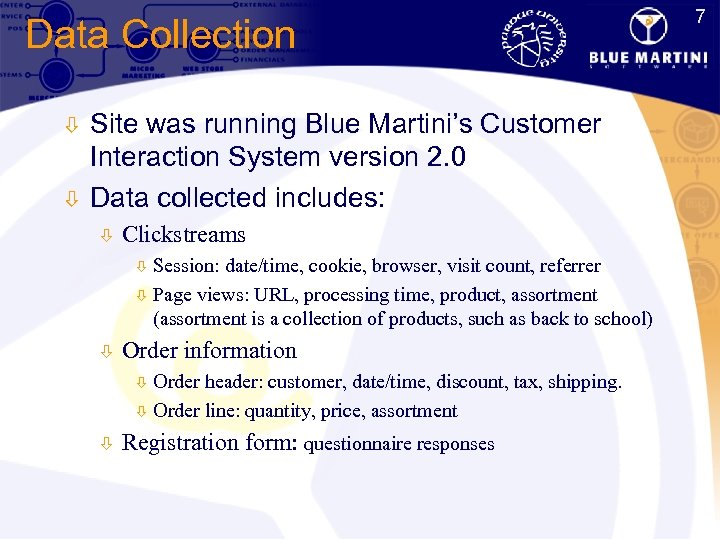 7 Data Collection ò ò Site was running Blue Martini’s Customer Interaction System version