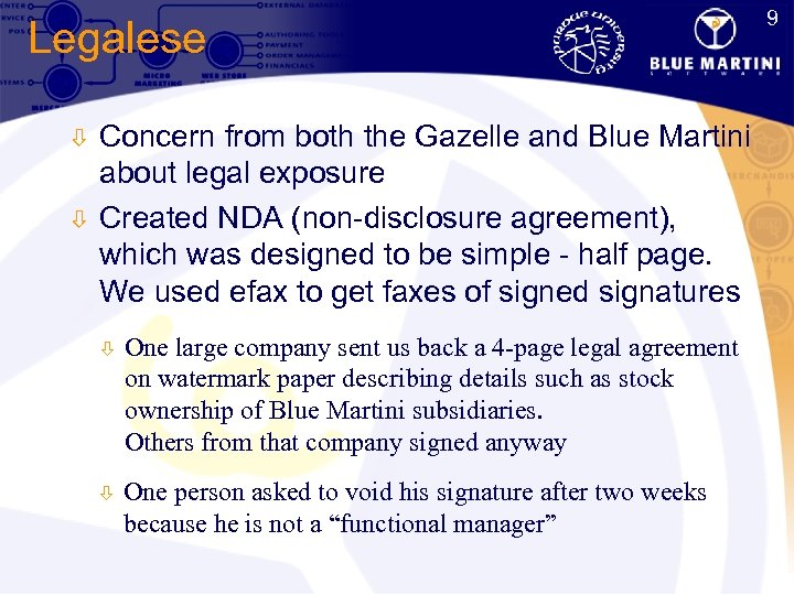 9 Legalese ò ò Concern from both the Gazelle and Blue Martini about legal