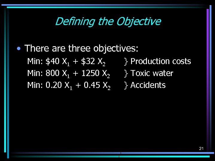 Defining the Objective • There are three objectives: Min: $40 X 1 + $32