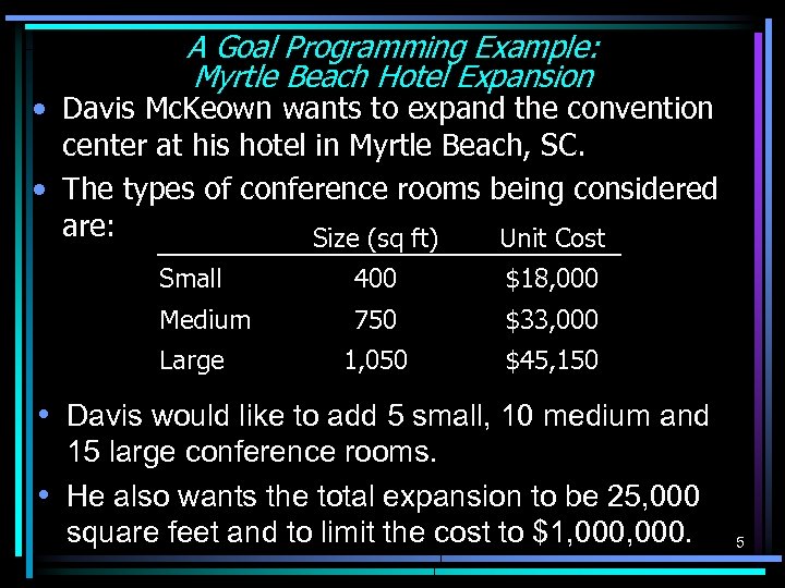 A Goal Programming Example: Myrtle Beach Hotel Expansion • Davis Mc. Keown wants to