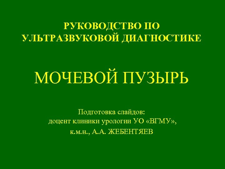 РУКОВОДСТВО ПО УЛЬТРАЗВУКОВОЙ ДИАГНОСТИКЕ МОЧЕВОЙ ПУЗЫРЬ Подготовка слайдов: доцент клиники урологии УО «ВГМУ» ,