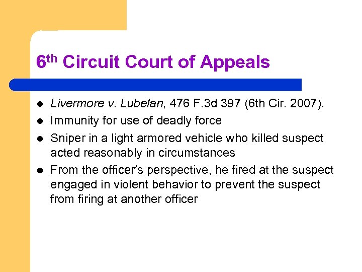 6 th Circuit Court of Appeals l l Livermore v. Lubelan, 476 F. 3
